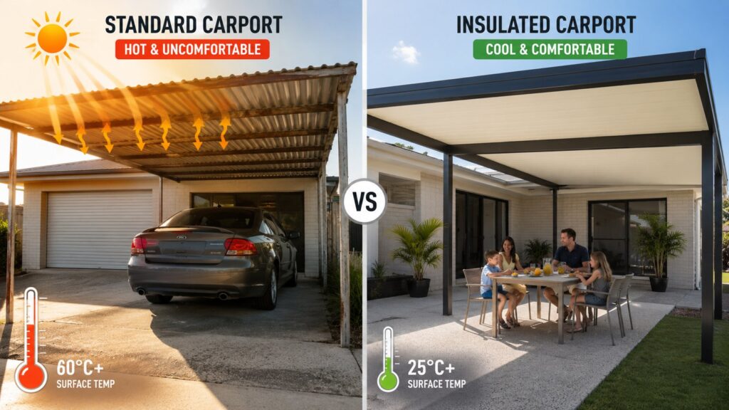 Comparison showing the comfort difference between a standard carport and an insulated carport in summer conditions.
