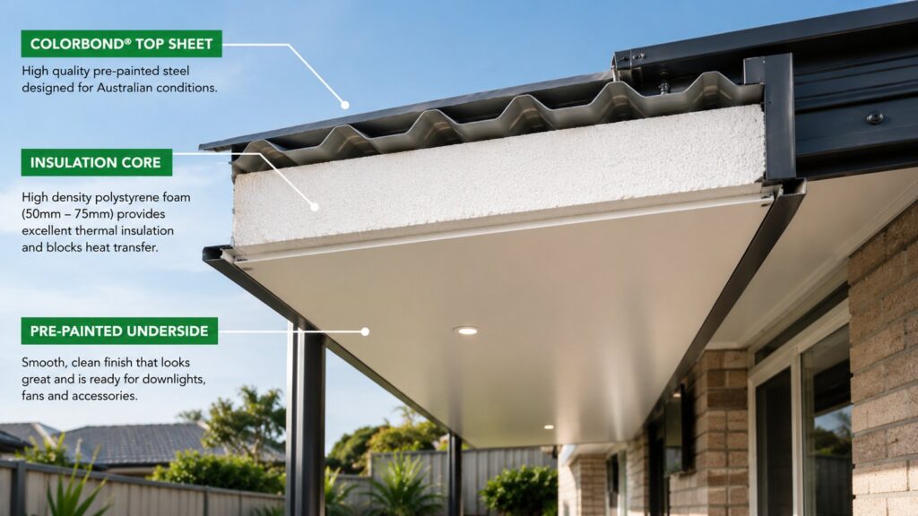 What Makes an Insulated Patio Cooler than Single Skin Roofing 3 Cutaway view showing the layers inside an insulated patio roof panel.