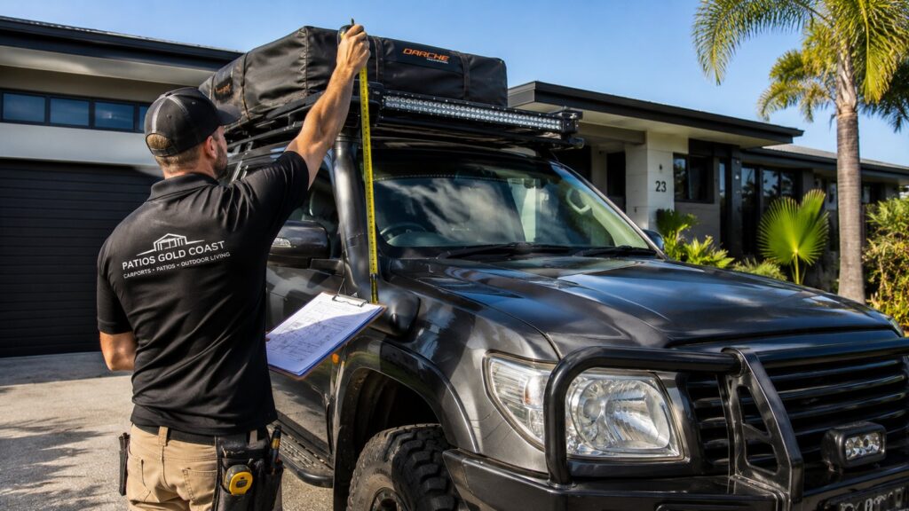 Builder measuring a 4WD with roof racks to determine the correct carport clearance height.