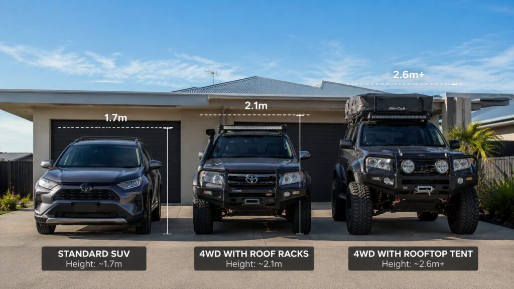Comparison of a standard SUV, a 4WD with roof racks, and a 4WD with a rooftop tent showing height differences.