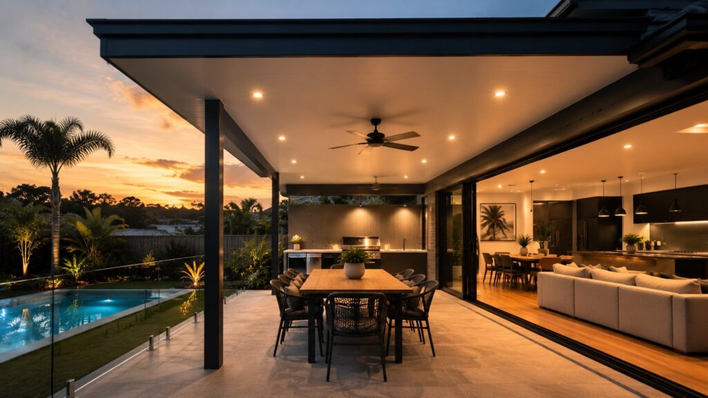 What Makes an Insulated Patio Cooler than Single Skin Roofing 5 Modern insulated patio designed as a seamless extension of the home.