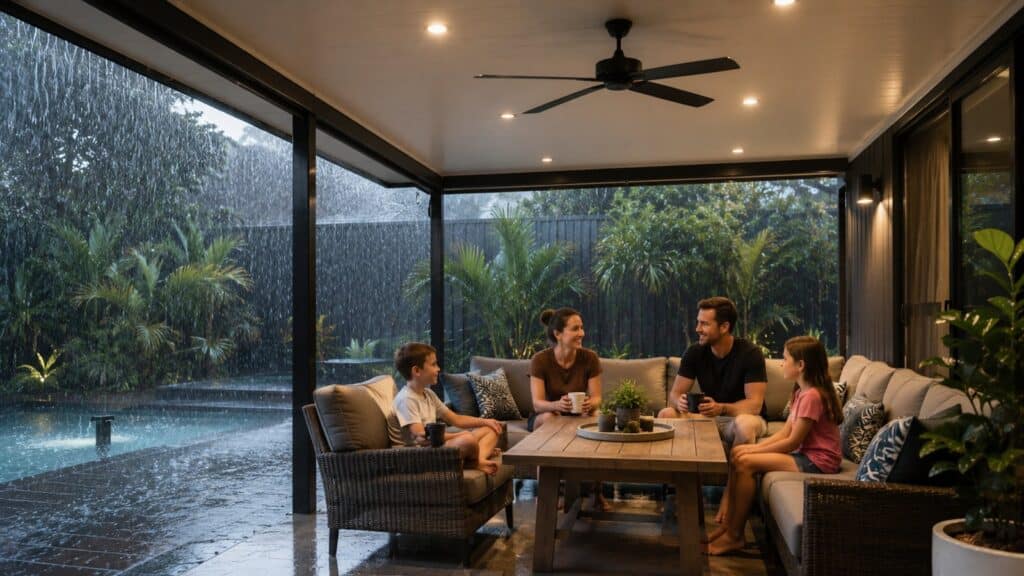 What Makes an Insulated Patio Cooler than Single Skin Roofing 4 Family relaxing under an insulated patio roof during a heavy rainstorm.
