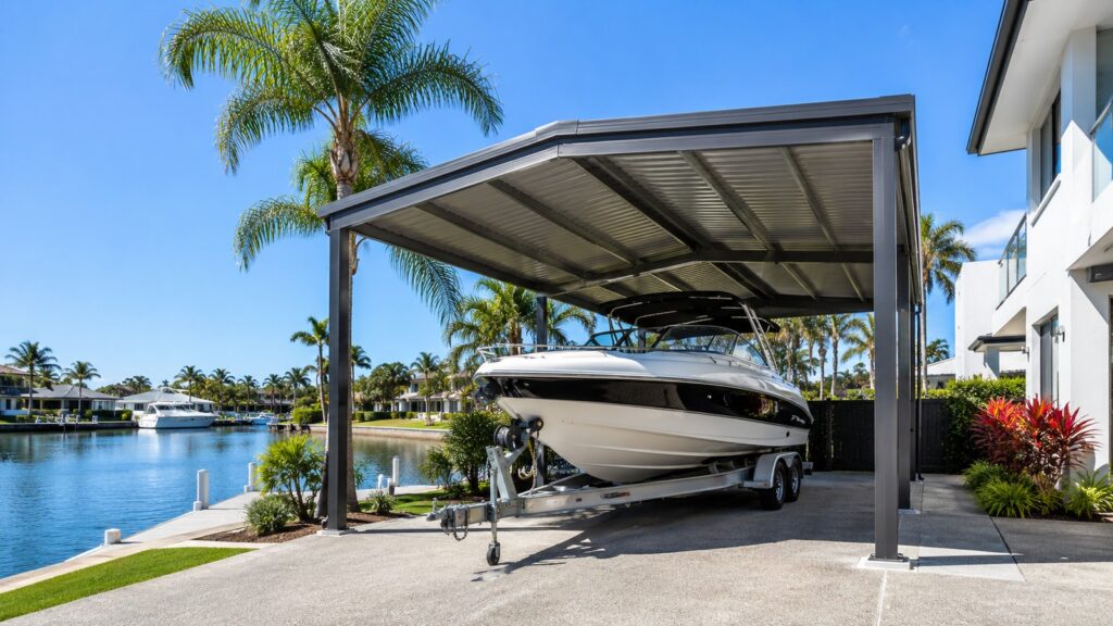 High-clearance Colorbond carport protecting a boat at a waterfront home.