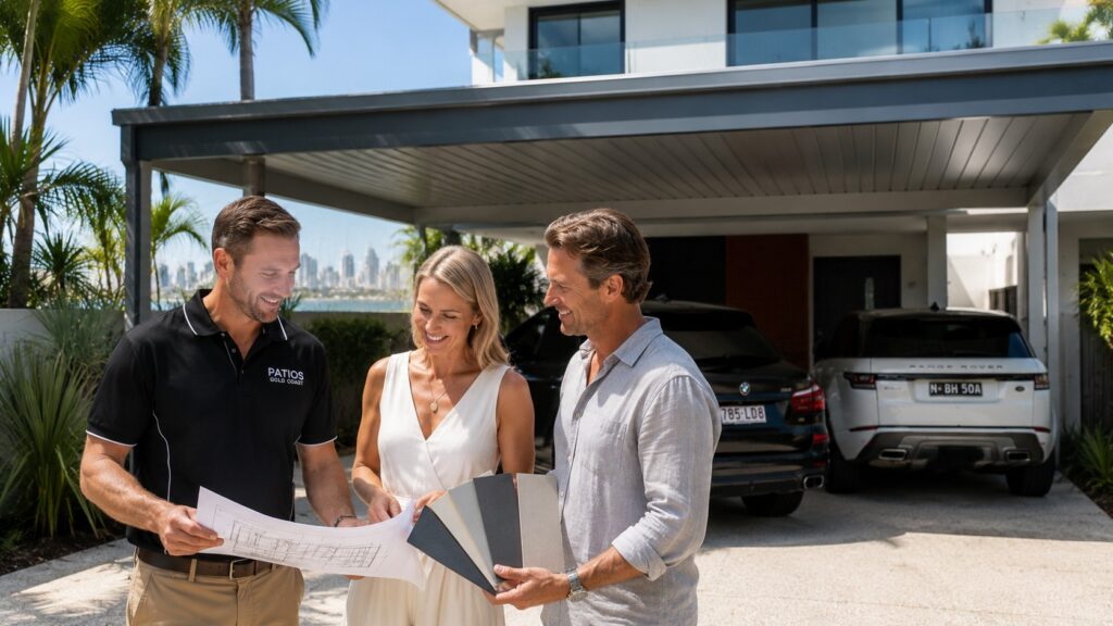 Carport Main Beach 4 Homeowners consulting with a professional builder beside a completed Colorbond carport in Main Beach.