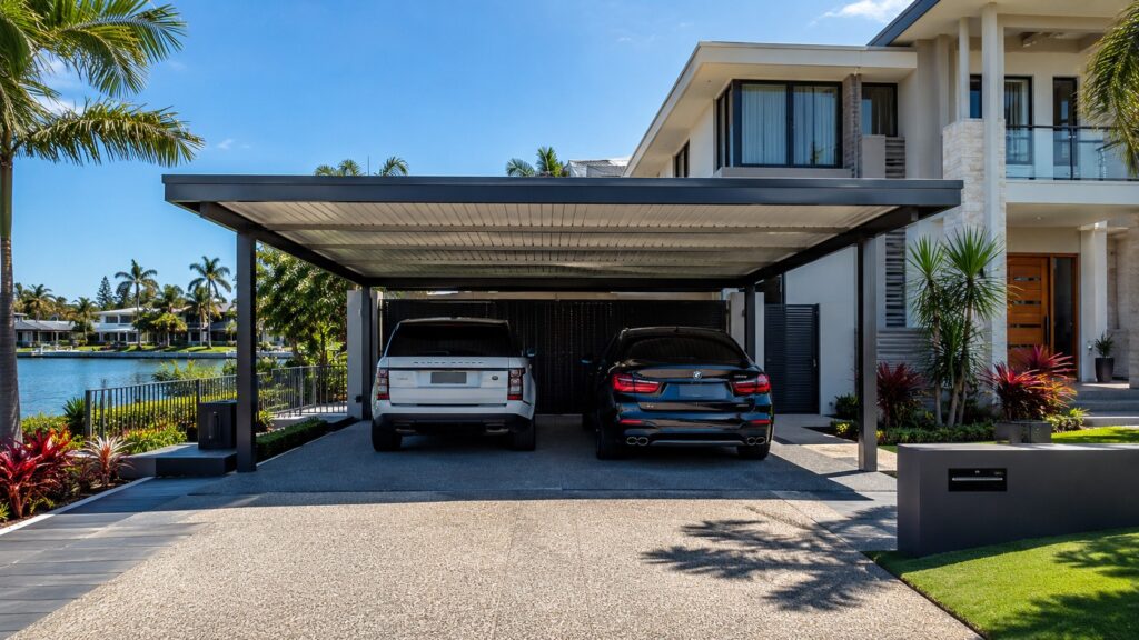 Carport Biggera Waters 2 Custom Colorbond double carport at a modern waterfront home in Biggera Waters.