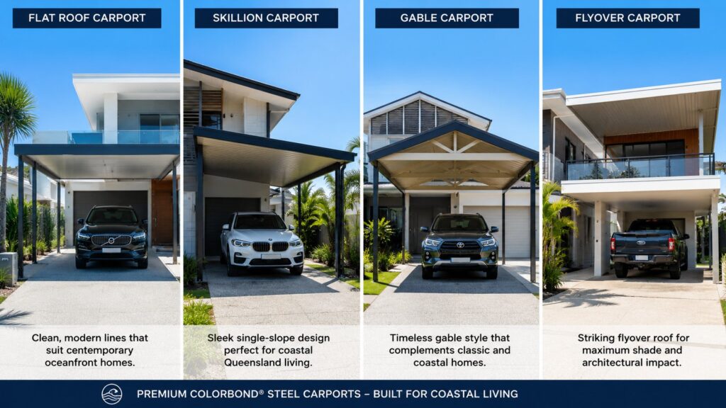 Comparison of four Colorbond carport roof styles on modern Australian homes.
