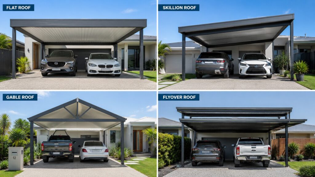 Carport Coombabah 3 Comparison of flat, skillion, gable, and flyover Colorbond carport designs.