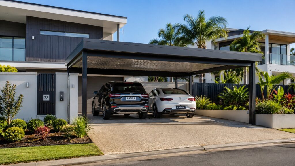 Carport Bundall 2 Modern Bundall home featuring a custom Colorbond steel double carport.