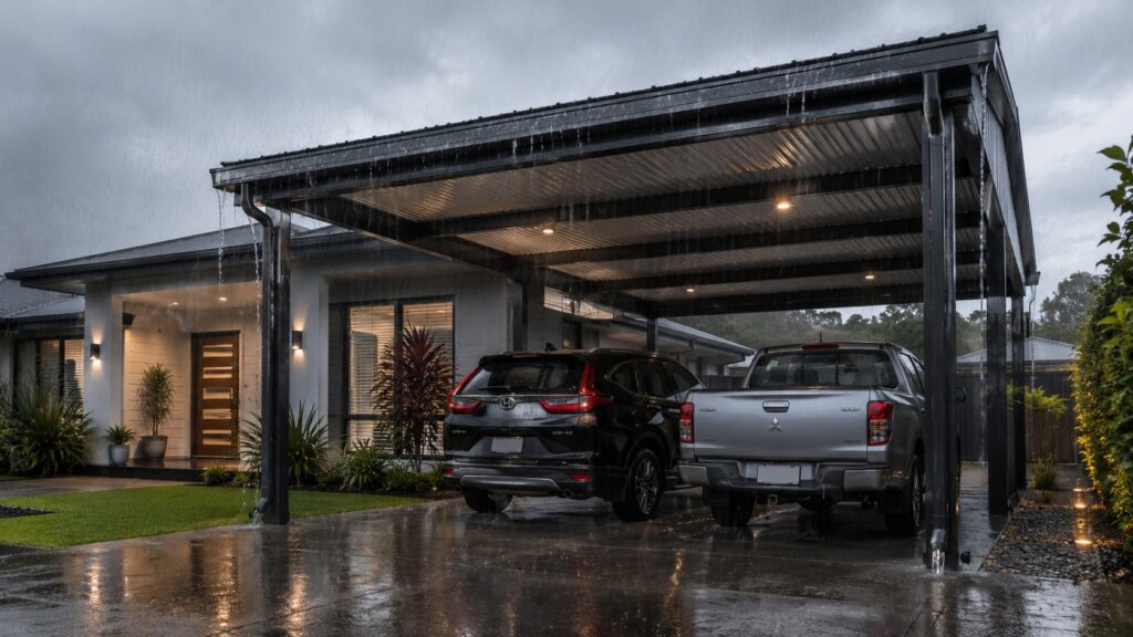 Carport Arundel 3 Colorbond steel carport protecting vehicles during heavy Queensland rain.