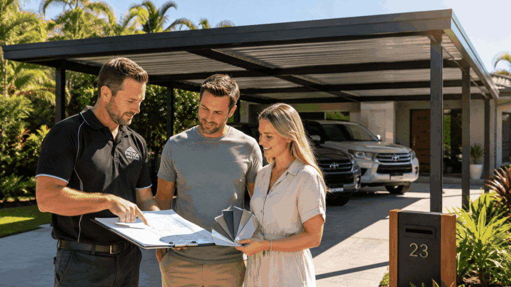 Carport Nerang 4 Builder consulting with homeowners beside a completed custom Colorbond carport in Nerang.