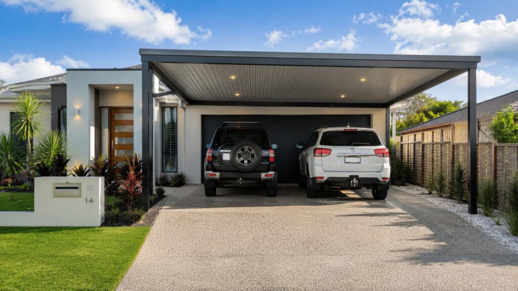 Carport Helensvale 2 Modern Helensvale home featuring a custom Colorbond steel double carport protecting two vehicles.
