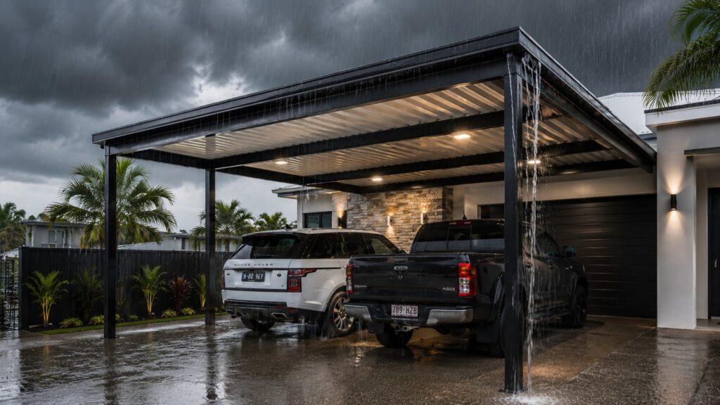 Colorbond carport shielding vehicles during heavy rain at a Hope Island property.