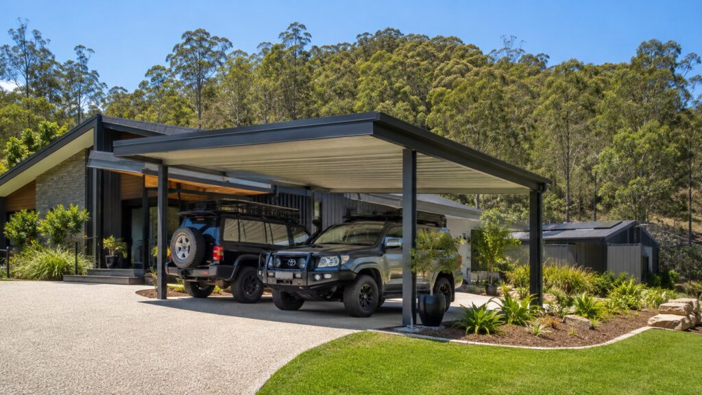Custom Colorbond steel double carport at a modern acreage home in Mudgeeraba.