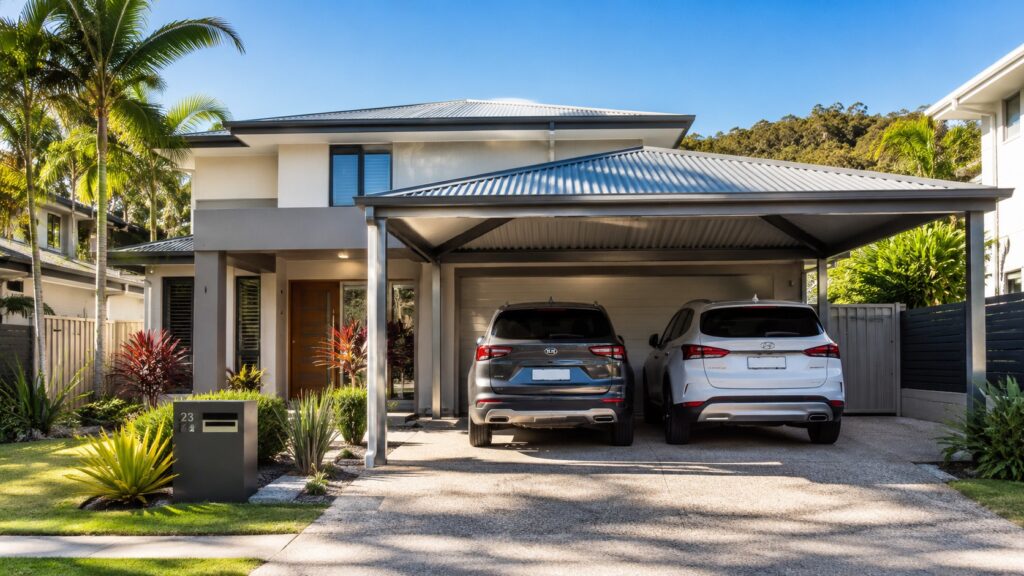Carport Merrimac 2 Modern Merrimac home featuring a custom Colorbond double carport protecting two vehicles.