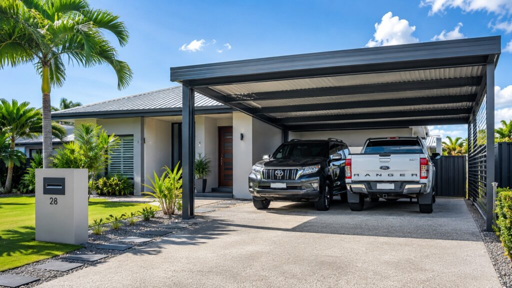 Carport Coombabah 2 Modern Coombabah home featuring a custom Colorbond steel double carport.