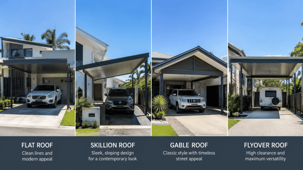 Comparison of flat, skillion, gable, and flyover Colorbond carport designs.
