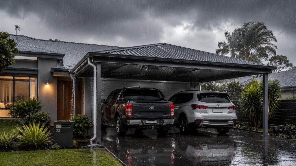 Carport Merrimac 3 Colorbond steel carport protecting vehicles during heavy rain and stormy weather.