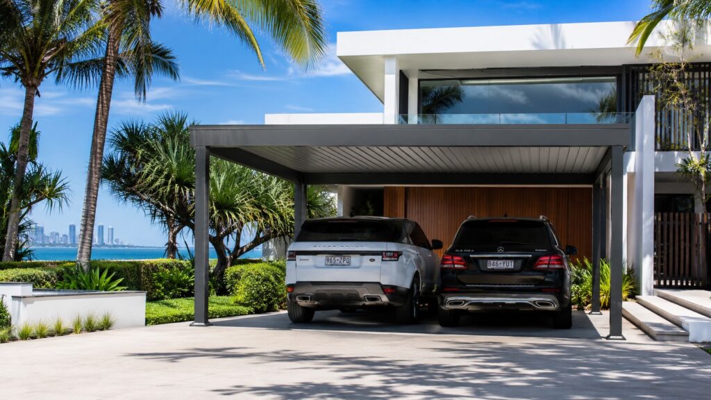 Carport Main Beach 2 Custom Colorbond double carport at a luxury Main Beach home protecting two vehicles.