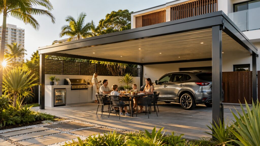 Carport Broadbeach 4 Family enjoying a versatile Colorbond carport used as a shaded outdoor living space.