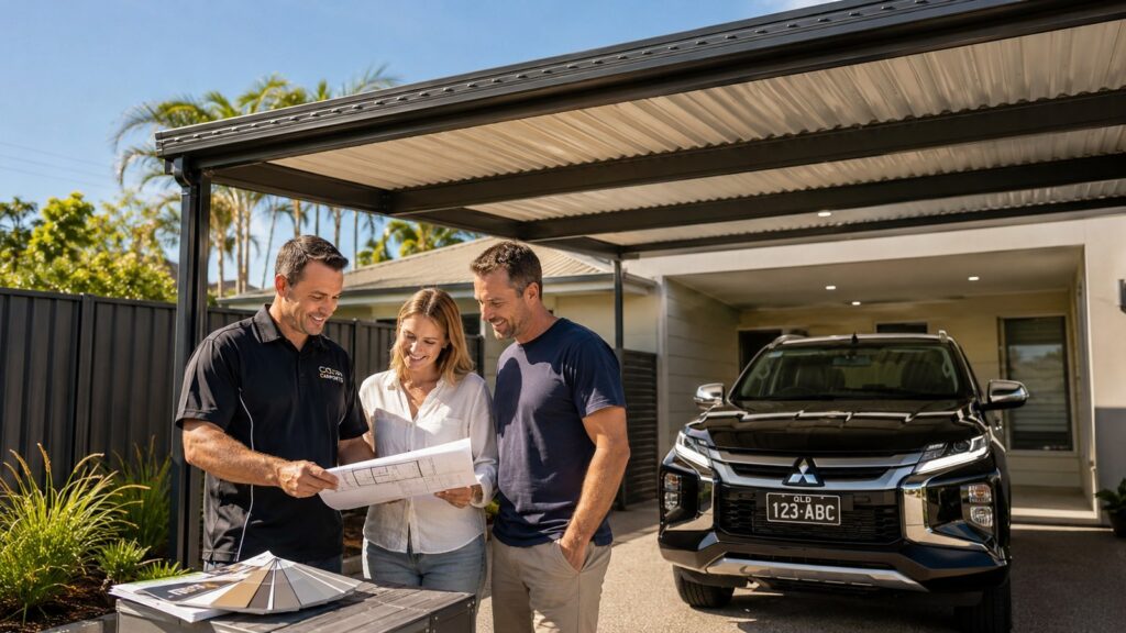 Carport Pacific Pines 4 Carport builder discussing custom plans and Colorbond colours with Pacific Pines homeowners.
