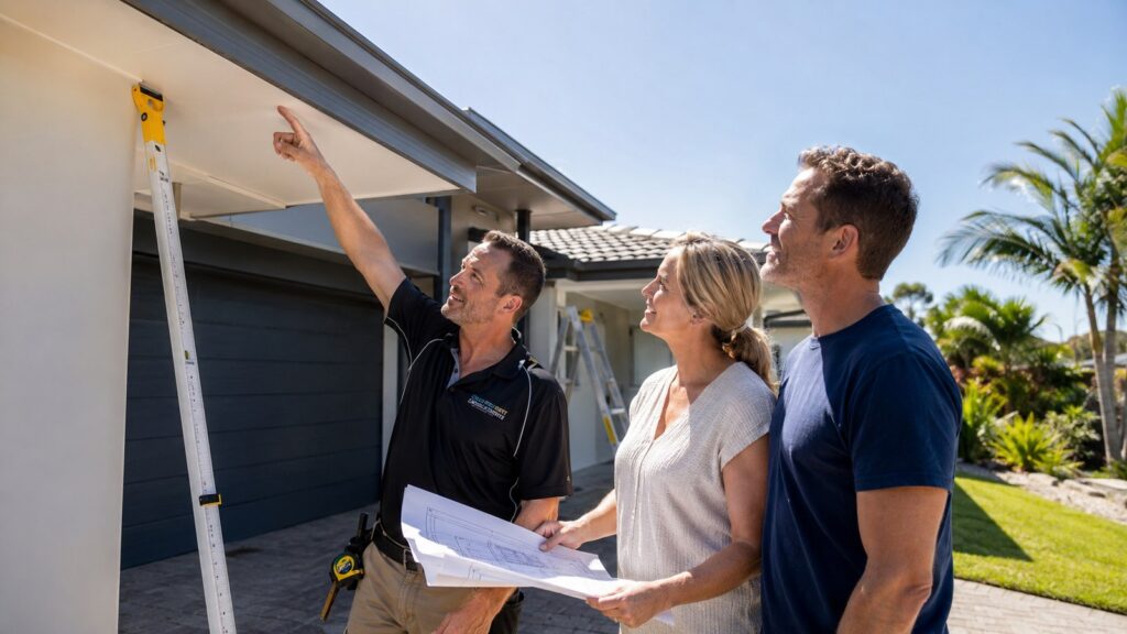 Fascia Mounted or Post Support for Carports: How to Choose Safely 5 Carport builder assessing a home's fascia, roofline and site conditions with the owners.