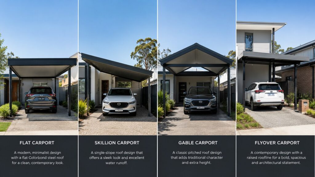 Carport Pacific Pines 3 Comparison of flat, skillion, gable, and flyover Colorbond carport roof styles.