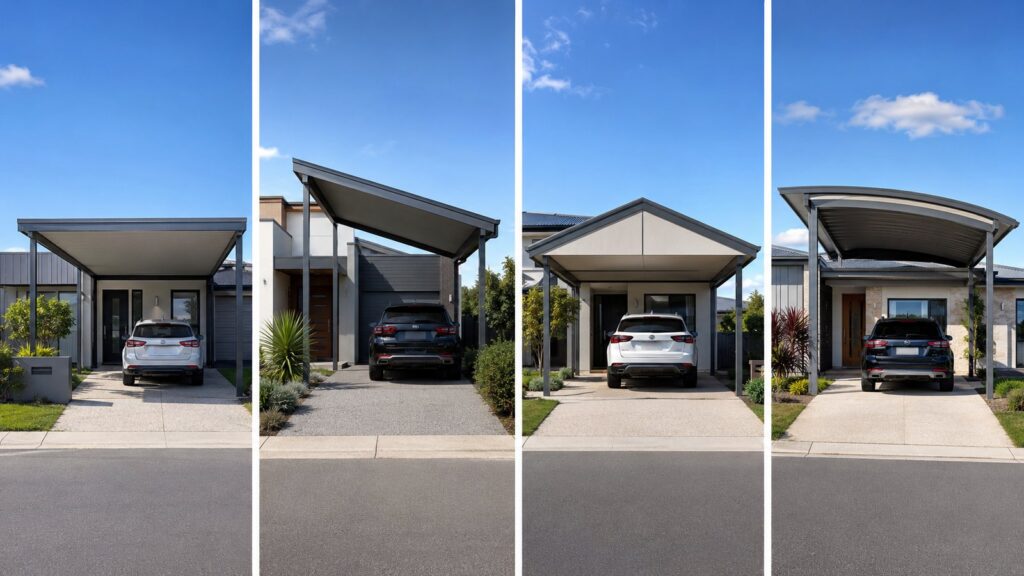 Carport Parkwood 3 Comparison of flat, skillion, gable, and flyover Colorbond carport roof styles.