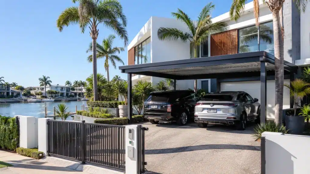 Carport Paradise Point 2 Premium Colorbond double carport beside a modern waterfront home in Paradise Point.