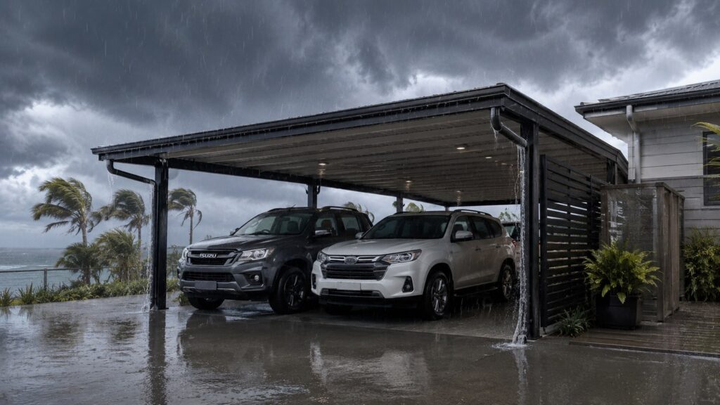 Fascia Mounted or Post Support for Carports: How to Choose Safely 4 Wind-rated Colorbond carport protecting vehicles during heavy coastal Queensland rain.