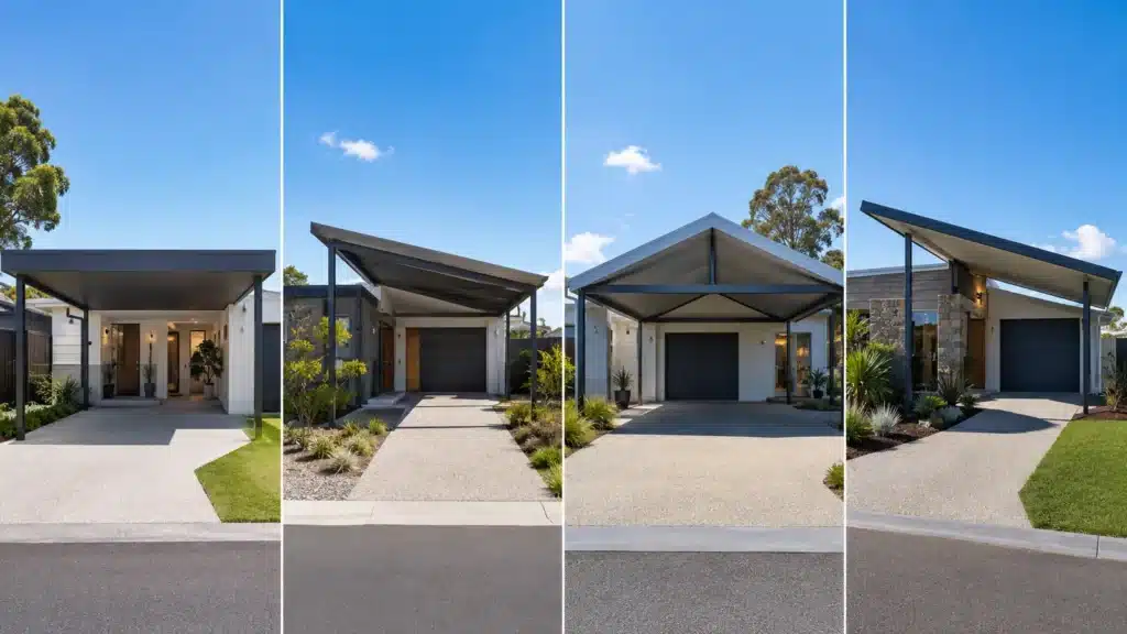 Side-by-side comparison of flat, skillion, gable, and flyover Colorbond carport roof styles.