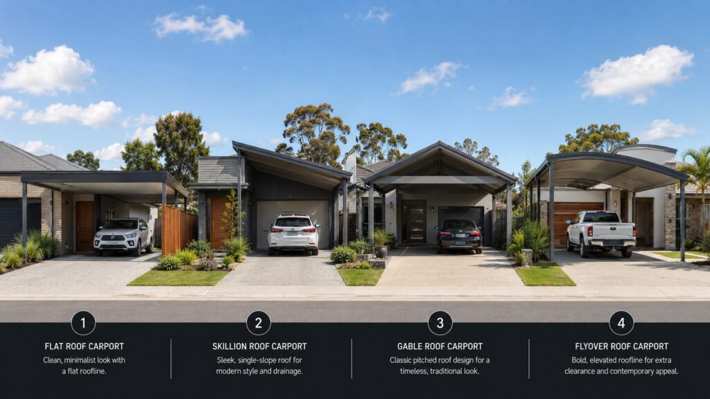 Carport Southport 3 Comparison of flat, skillion, gable, and flyover Colorbond carport designs.