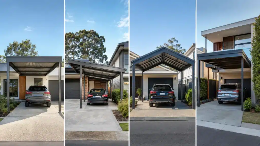 Carport Upper Coomera 3 Comparison of flat, skillion, gable, and flyover Colorbond carport roof styles.