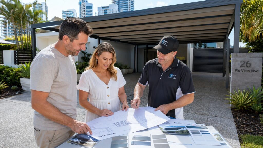 Carport builder discussing site plans and Colorbond options with homeowners.