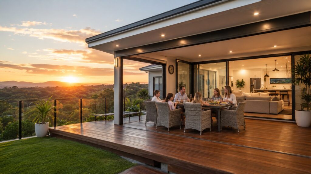 The No-Nonsense Guide to Picking the Right Patio Height 3 Family enjoying sunset dining under a modern insulated patio on the Gold Coast.