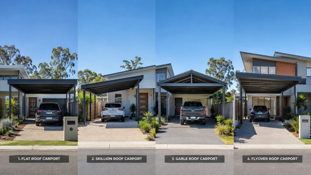 Comparison of flat, skillion, gable, and flyover Colorbond carport roof styles.