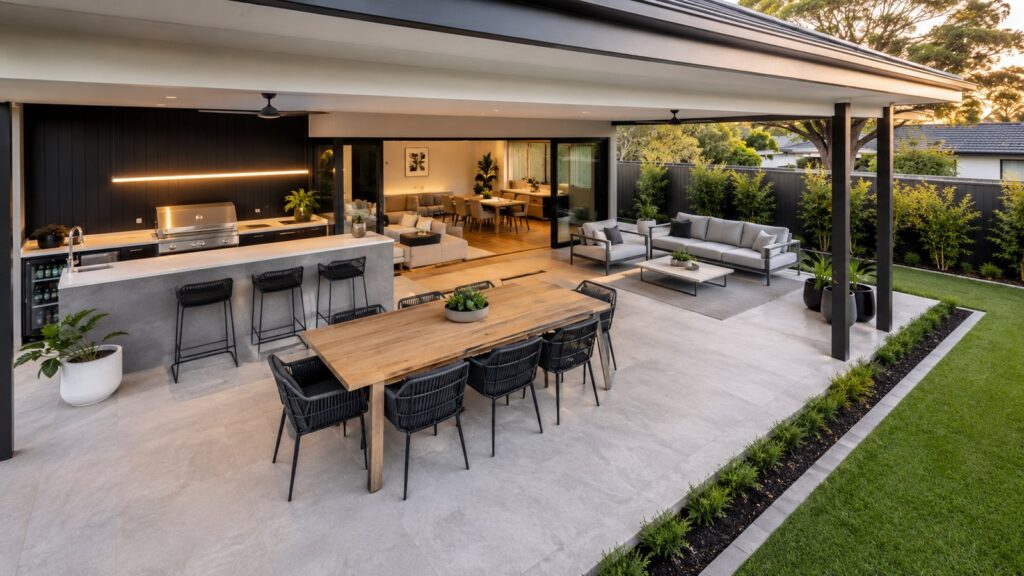 Designing an Insulated Patio for Alfresco Dining and Sunset Views 4 Alfresco patio layout with separate outdoor kitchen, dining and lounge areas.