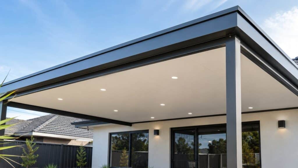 Designing an Insulated Patio for Alfresco Dining and Sunset Views 3 Close-up of insulated patio roof panels with steel framing and recessed lighting.