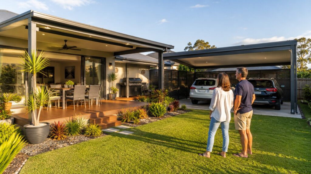 Carport Arundel 4 Homeowners enjoying a completed outdoor renovation featuring a matching carport and patio.