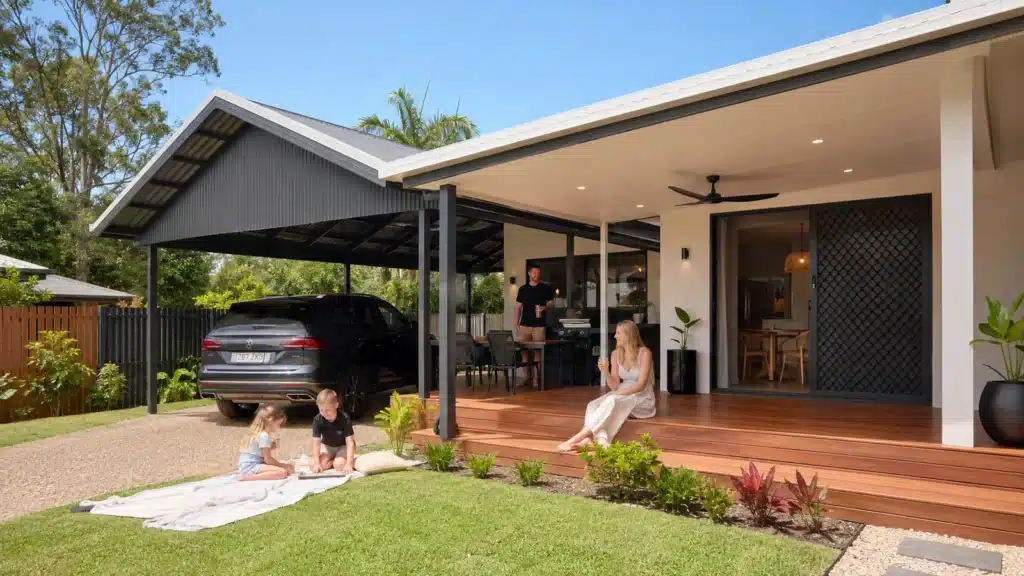 Modern Oxenford home featuring a matching Colorbond carport and outdoor entertaining area with family enjoying the space.