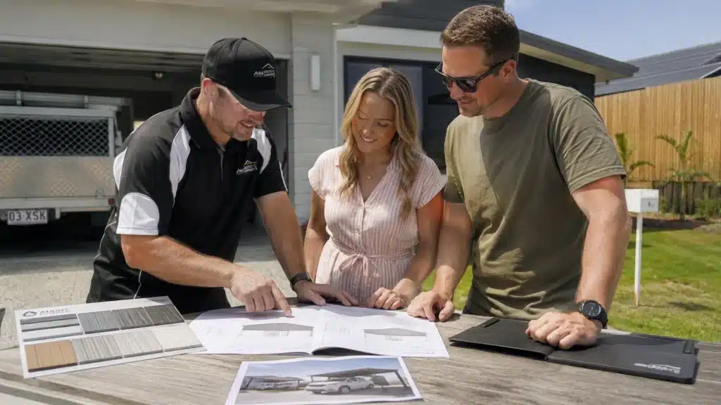 Carport Pimpama 4 Carport builder discussing site plans, materials, and approval requirements with Pimpama homeowners.