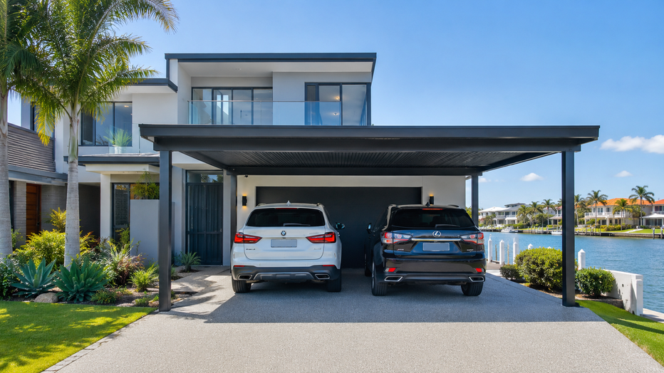 Modern Hollywell waterfront home with a custom Colorbond steel double carport.