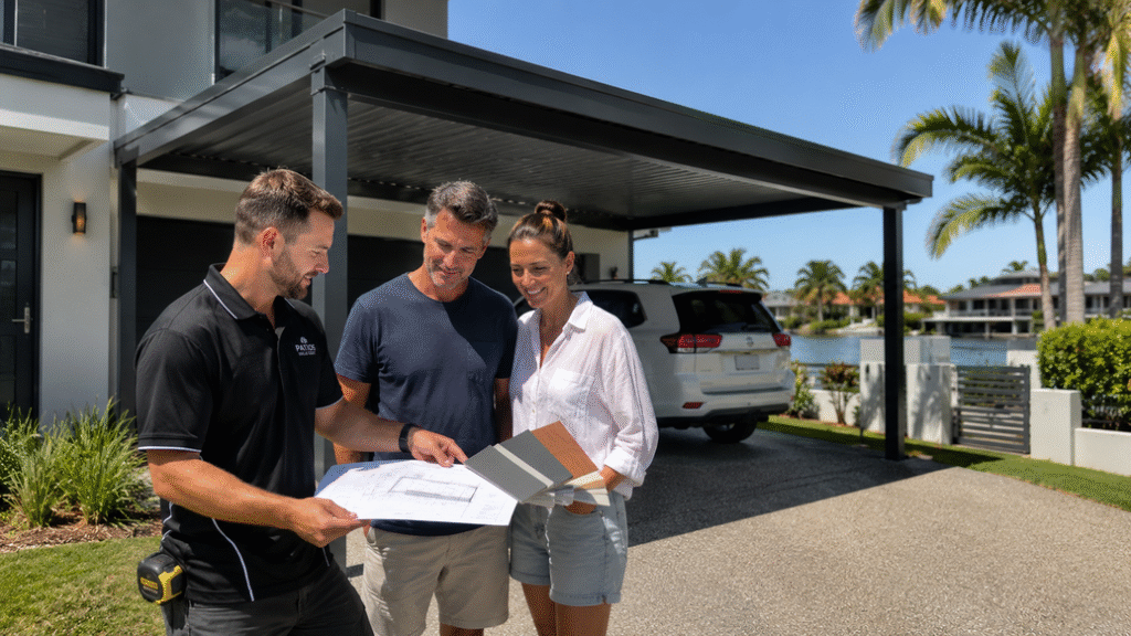 Professional builder consulting with homeowners beside a completed Hollywell Colorbond carport.