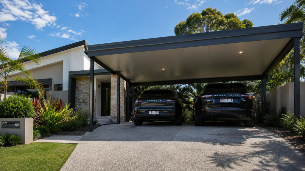 Modern Robina home with an insulated Colorbond double carport protecting two SUVs.