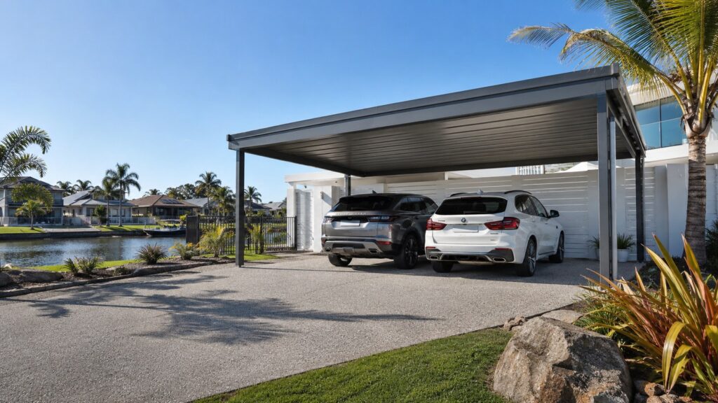 Carport Runaway Bay 2 Modern Runaway Bay waterfront home with a Colorbond double carport protecting two vehicles.
