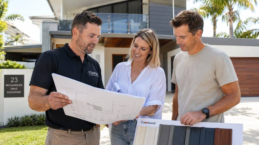 Carport Southport 4 Carport builder discussing plans and Colorbond options with Southport homeowners.