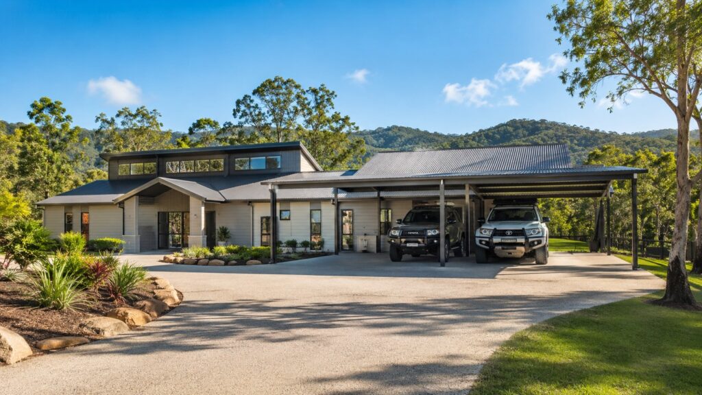 Carport Tallai 2 Custom Colorbond double carport protecting two 4WD vehicles at a Tallai hinterland home.