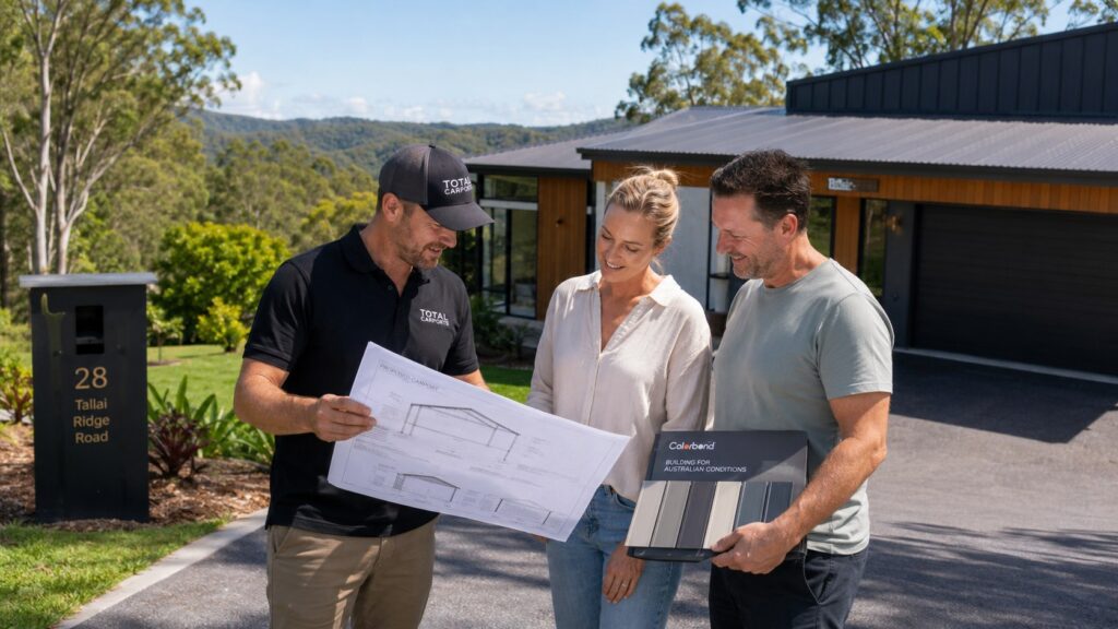 Carport Tallai 4 Carport builder discussing site plans and Colorbond options with Tallai homeowners.