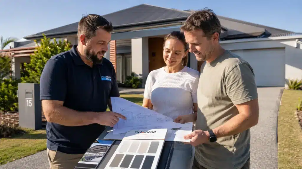 Carport Upper Coomera 4 Carport builder discussing site plans and Colorbond options with Upper Coomera homeowners.