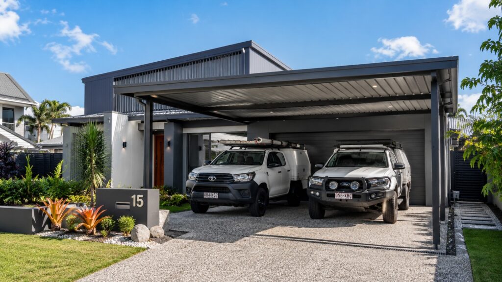 Carport Molendinar 2 Custom Colorbond double carport at a modern Molendinar home protecting two vehicles.