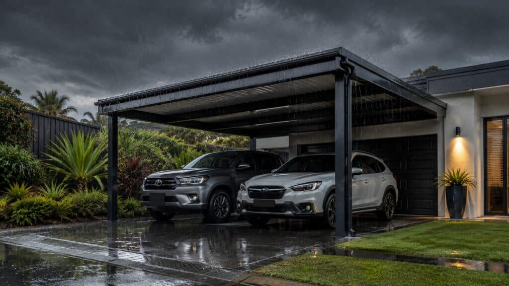 Carport Broadbeach 3 Colorbond carport shielding vehicles during heavy rain on the Gold Coast.
